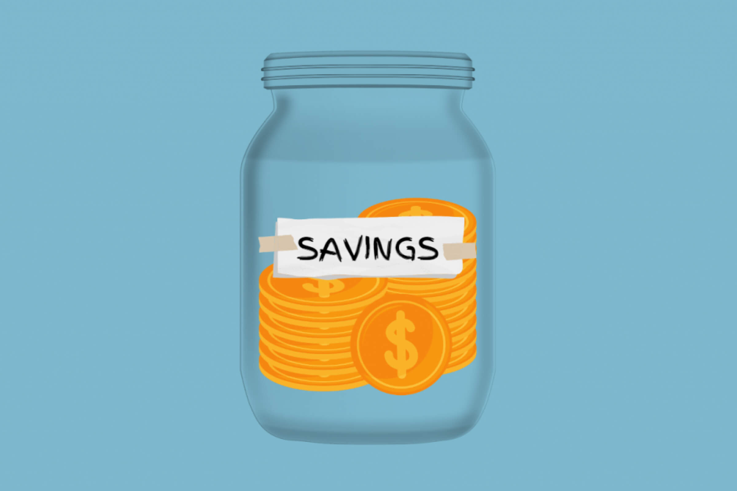 jar with coins inside and a label reading 'savings'
