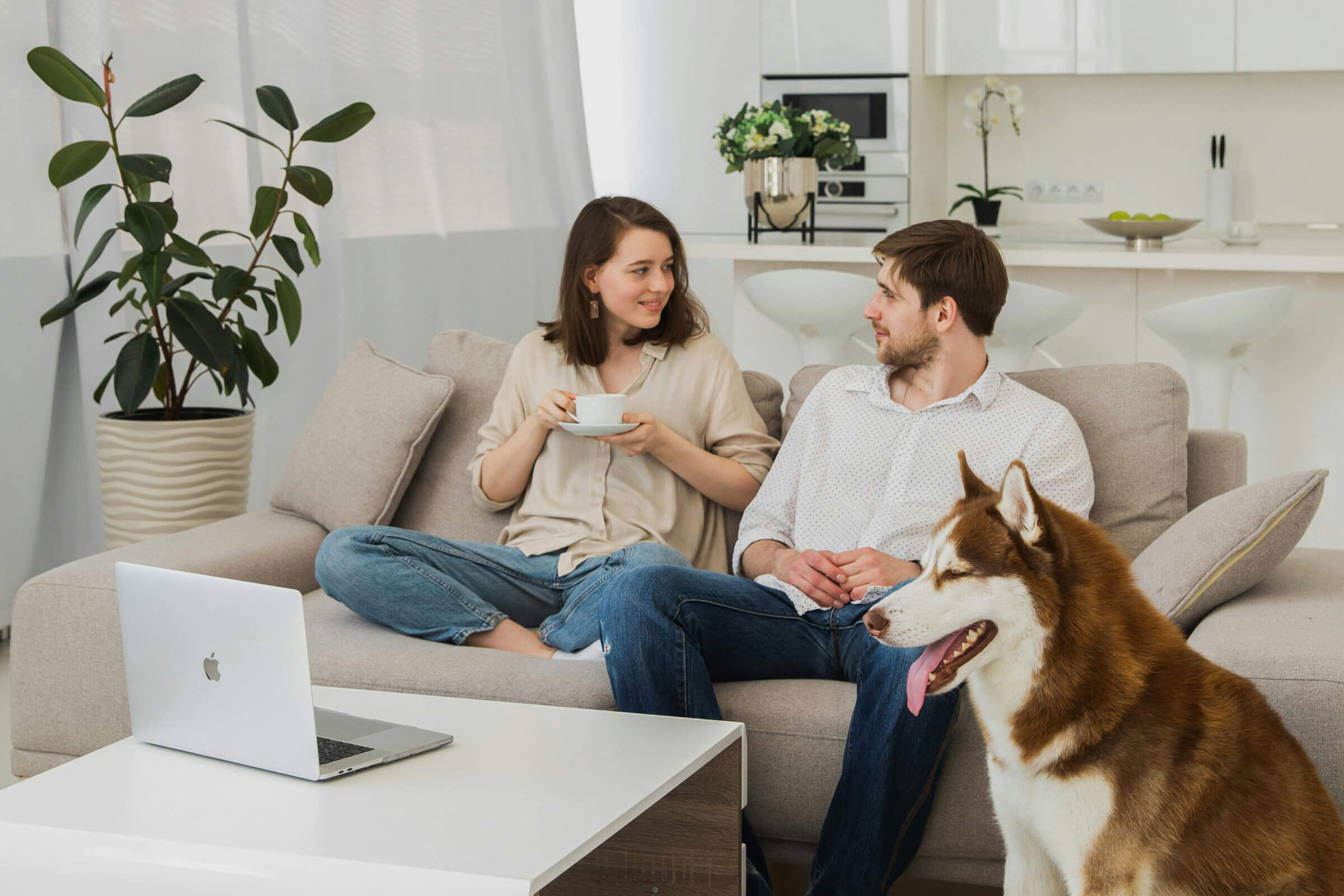 Couple chatting on living room sofa alongside a Husky dog sitting on the floor.