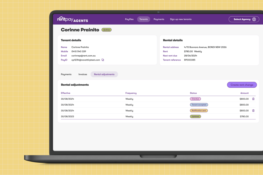 RentPay rental adjustments feature on agent dashboard.