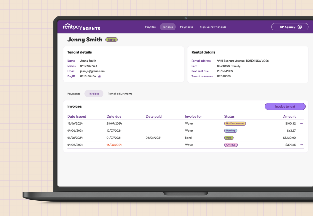 RentPay tenancy invoicing feature on agent dashboard.