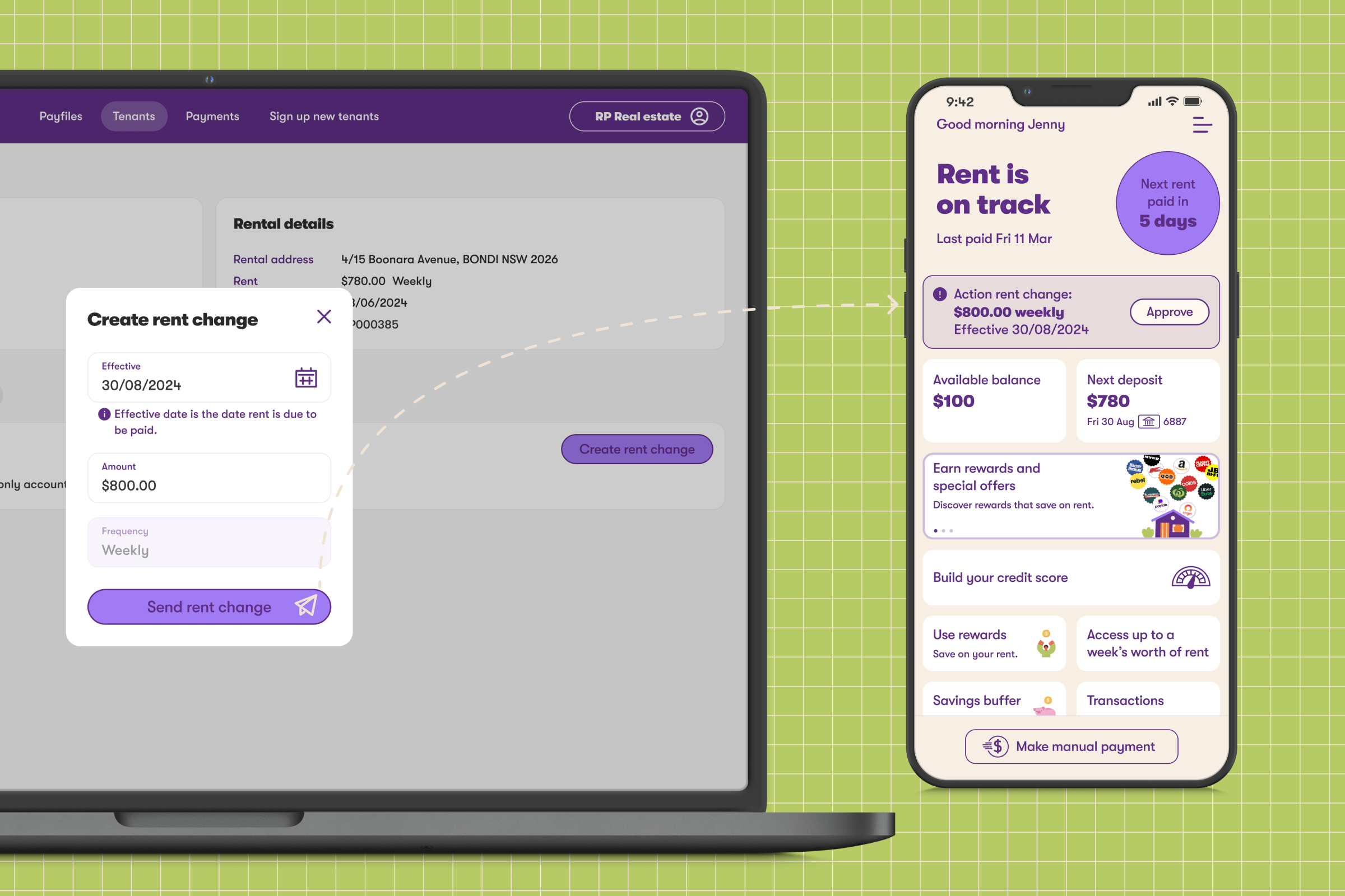 RentPay rental adjustments feature on agent dashboard and tenant app.