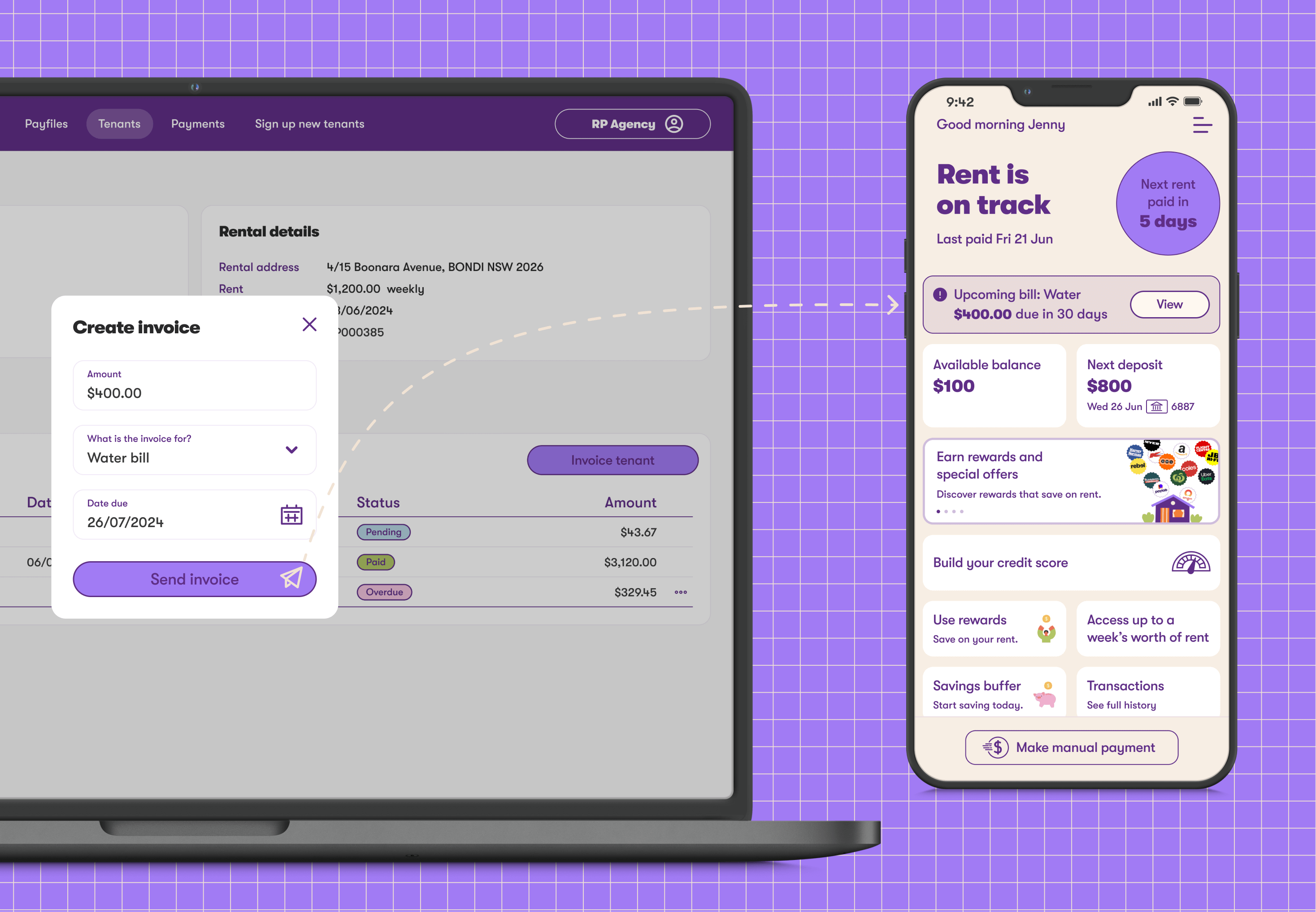 RentPay tenancy invoicing feature on agent dashboard and tenant app.